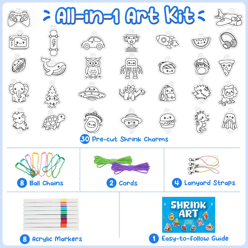 Complete component breakdown showing 30 pre-cut charm outlines, 8 acrylic markers, 8 ball chains, 4 lanyard straps, 2 cords, and the instruction booklet.