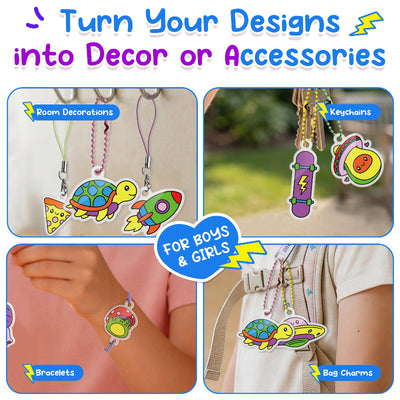 Real-life applications showing shrink art charms used as room decor hanging clips, house key chains, wrist bracelets, and backpack bag tags.