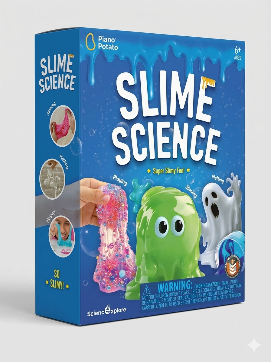Slime Science DIY Kit packaging featuring vibrant "kawaii" slime textures, a ghost mold, and neon colors. The ultimate creative science kit for kids aged 6+.