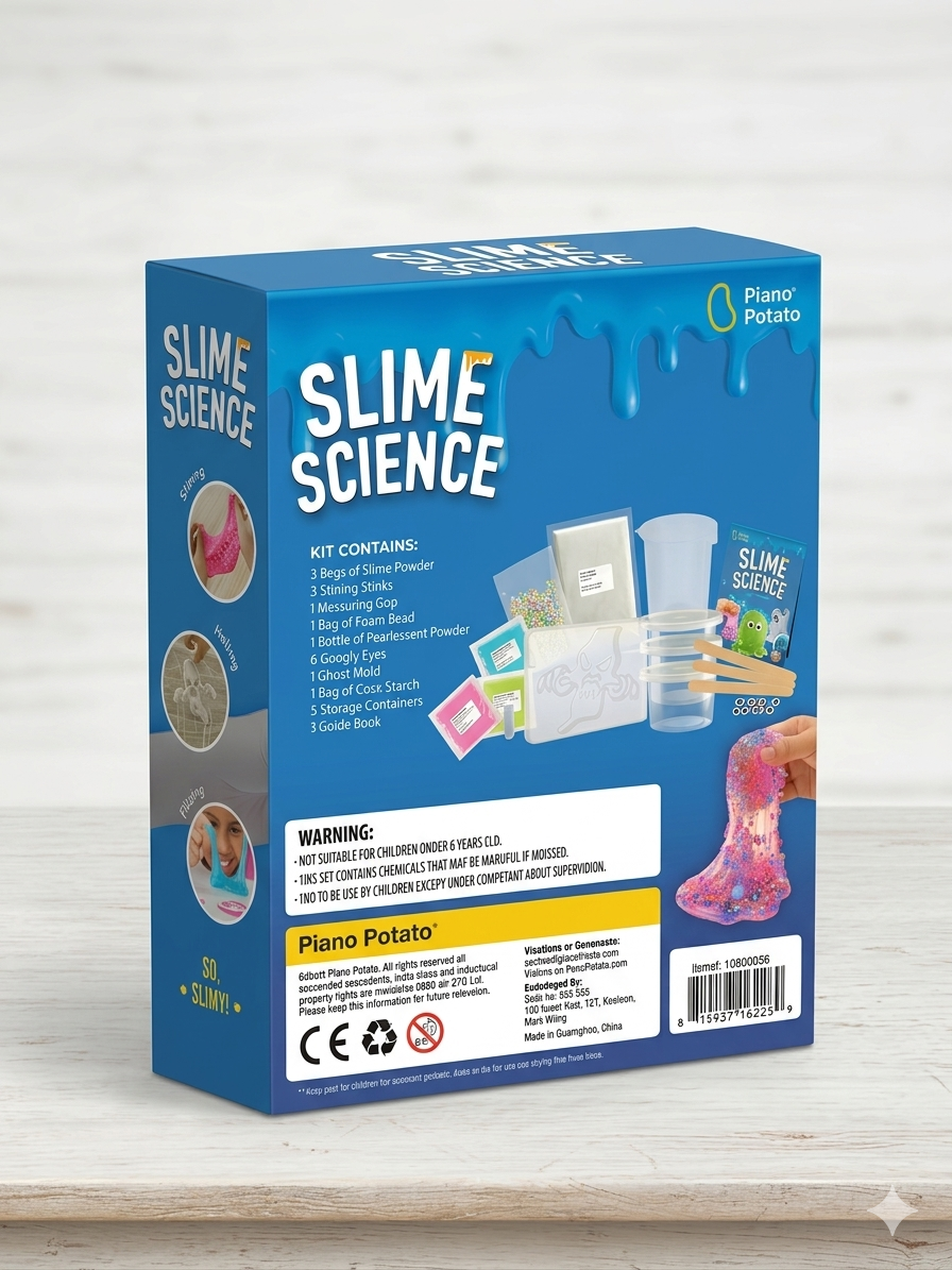 Detailed back view of the Slime Science kit showing the full contents list, including slime powders, foam beads, googly eyes, and a ghost-shaped mold.