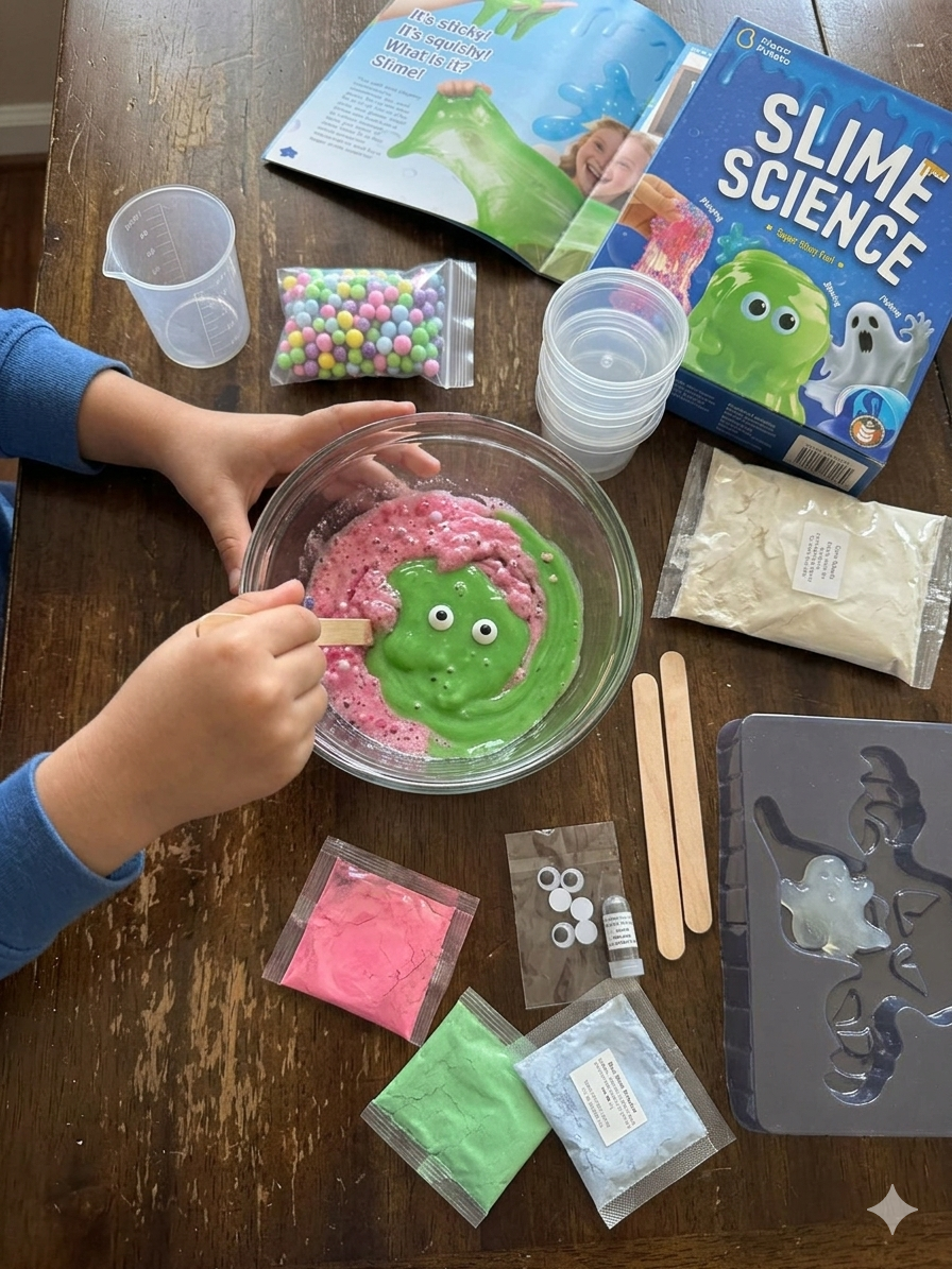 A child using the Slime Science DIY Kit to mix green and pink slime in a bowl. Hands-on sensory play featuring the included instruction guide and tools.