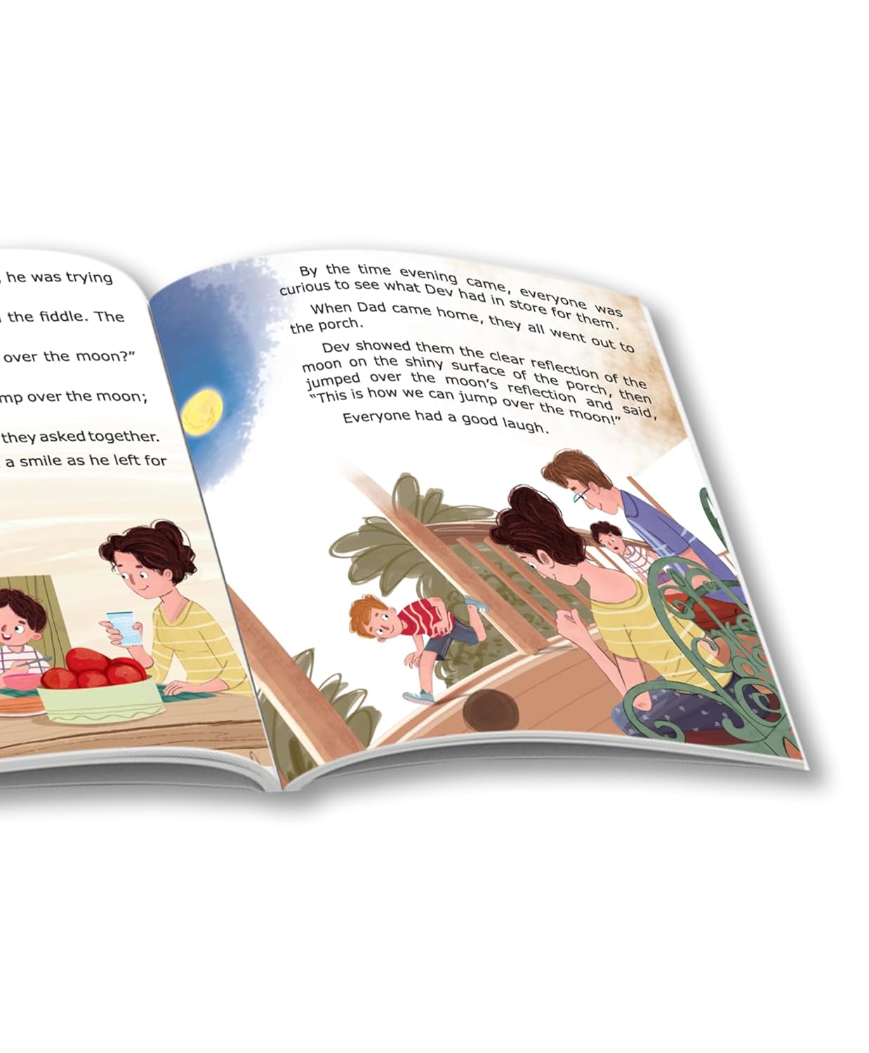 Open book with colorful illustrations and text on a white background