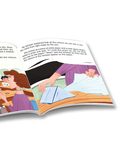 Open book showing a colorful illustration of a classroom scene with children and a teacher.