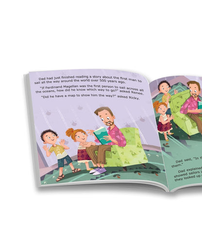 Open book showing a father reading to his children with a colorful illustration on a white background