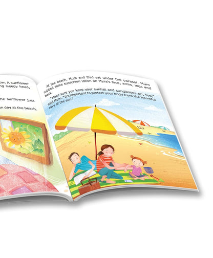 Open book with a beach scene illustration and text