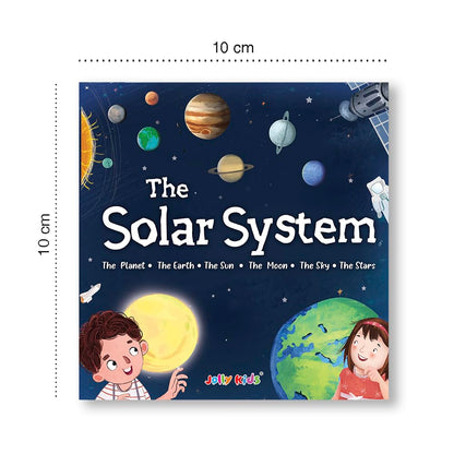 Book cover of 'The Solar System' with illustrations of planets and children, featuring measurements on the sides.