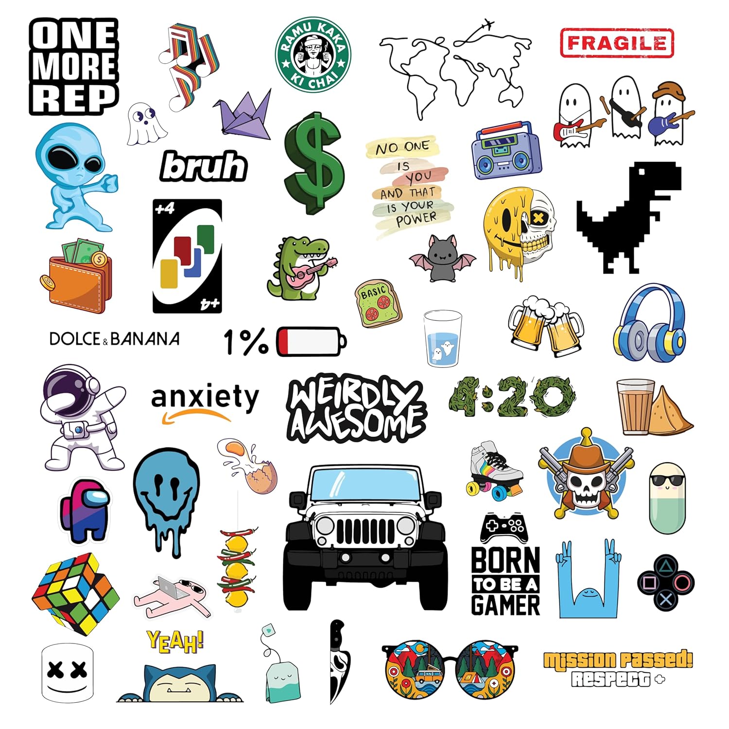 Collection of various stickers with different designs on a white background