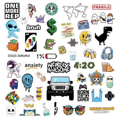 Collection of various stickers with different designs on a white background