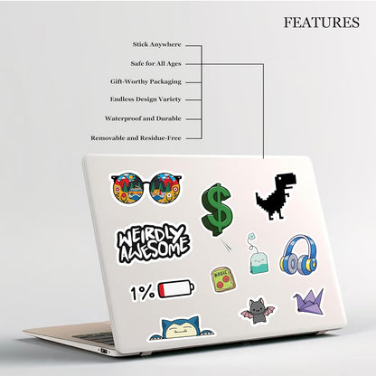 Laptop with various stickers on a light gray background, featuring text about product features.