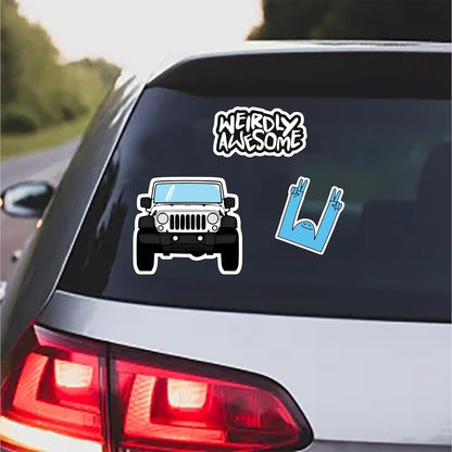 Car window with 'Weirdly Awesome' decal and Jeep graphic