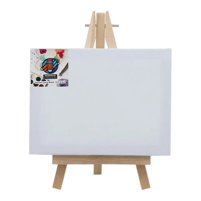 Wooden artist's easel with a blank canvas on a white background
