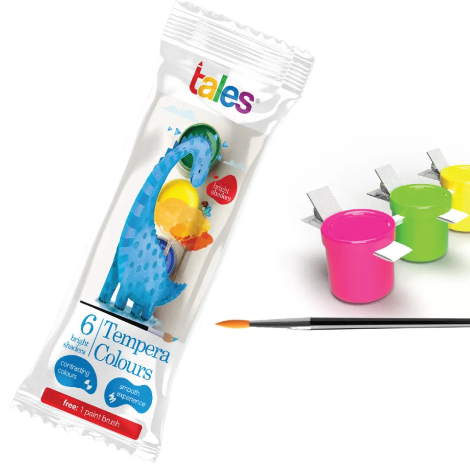 A set of 6 water-based tempera colours. Available Colours: Red, Yellow, Green, Blue, White, Black