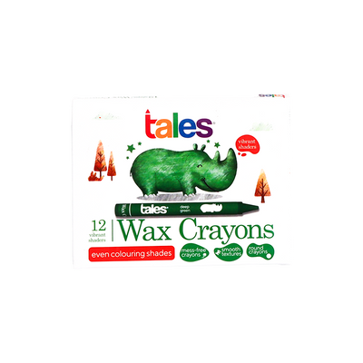 Packaging of tales Wax Crayons with a rhino illustration on a white background