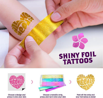 Demonstration of applying a shiny metallic foil strip over a body stencil sticker to create a gold temporary tattoo.