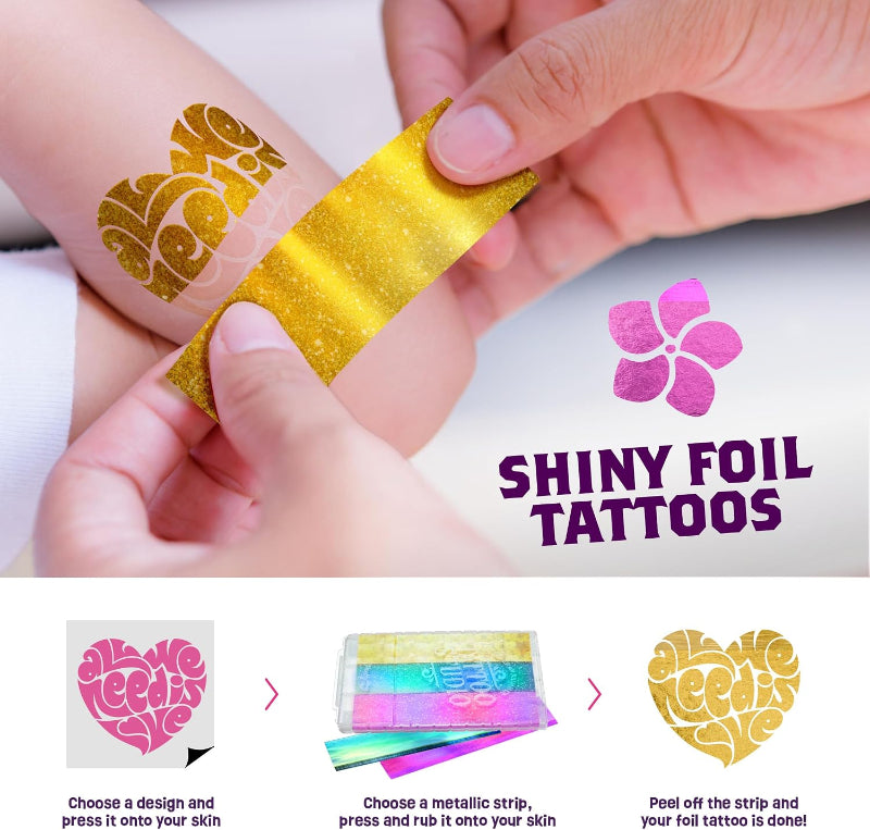 Demonstration of applying a shiny metallic foil strip over a body stencil sticker to create a gold temporary tattoo.
