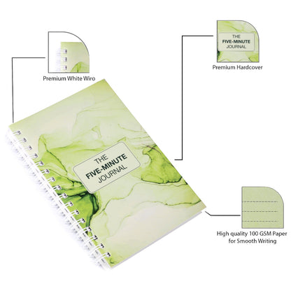Five-Minute Journal in green colour with marble design highlighting permimum features