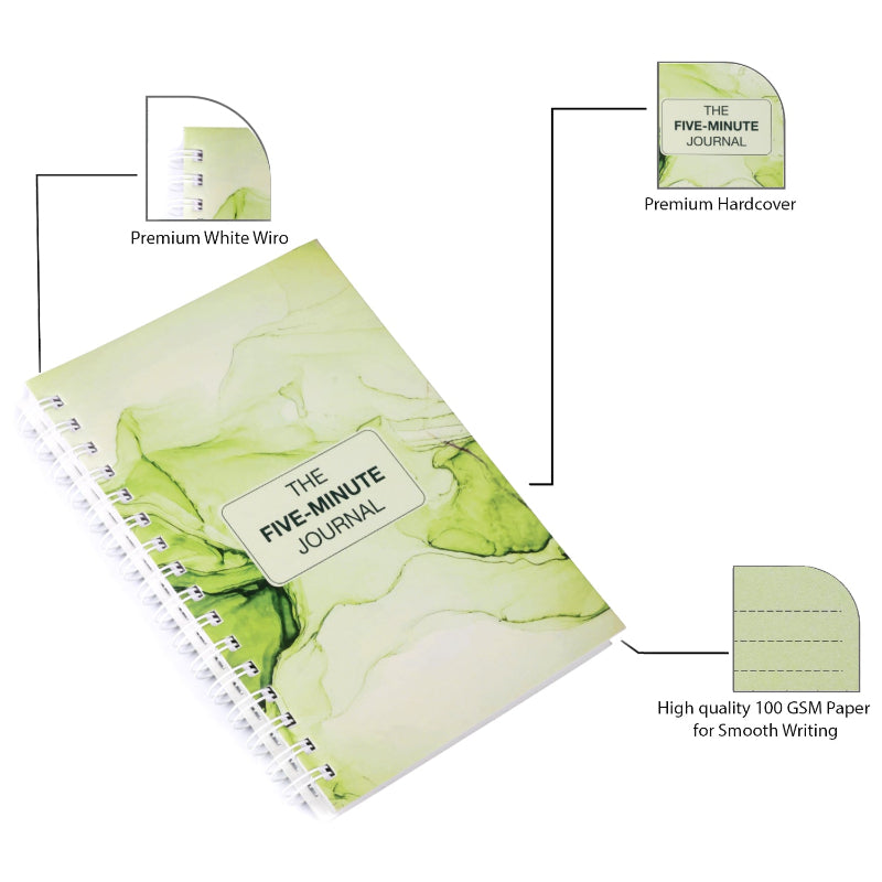 Five-Minute Journal in green colour with marble design highlighting permimum features