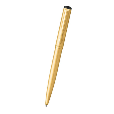 Close-up of gold-plated Parker Vector Pen with black cap accent