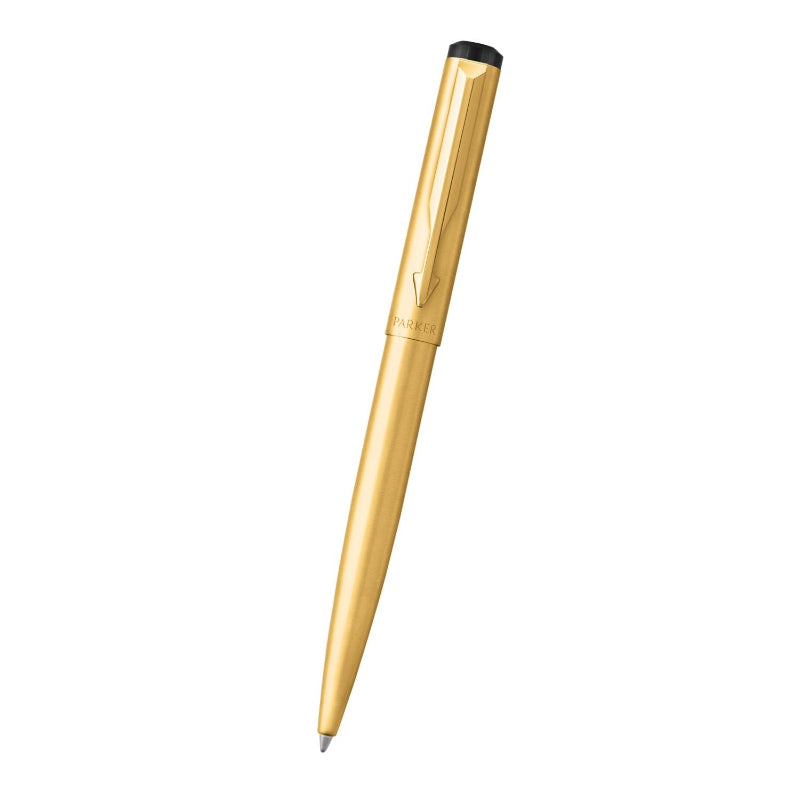 Close-up of gold-plated Parker Vector Pen with black cap accent