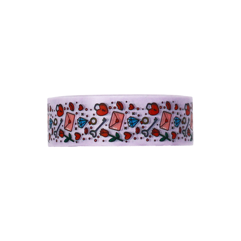 A delightful pattern of keys, lockets, roses, and diamonds on Washi tape