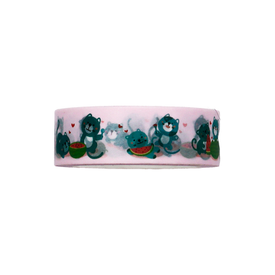Features adorable cats in playful poses with watermelons on a light pink background on washi tape