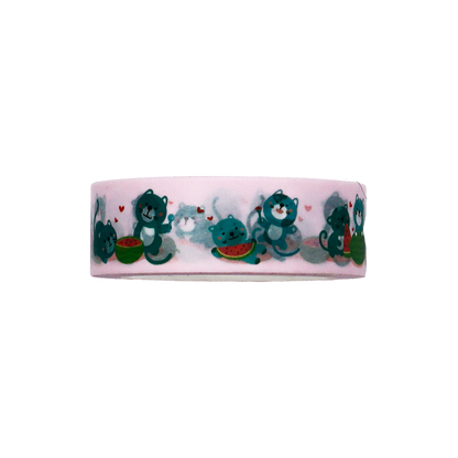Features adorable cats in playful poses with watermelons on a light pink background on washi tape