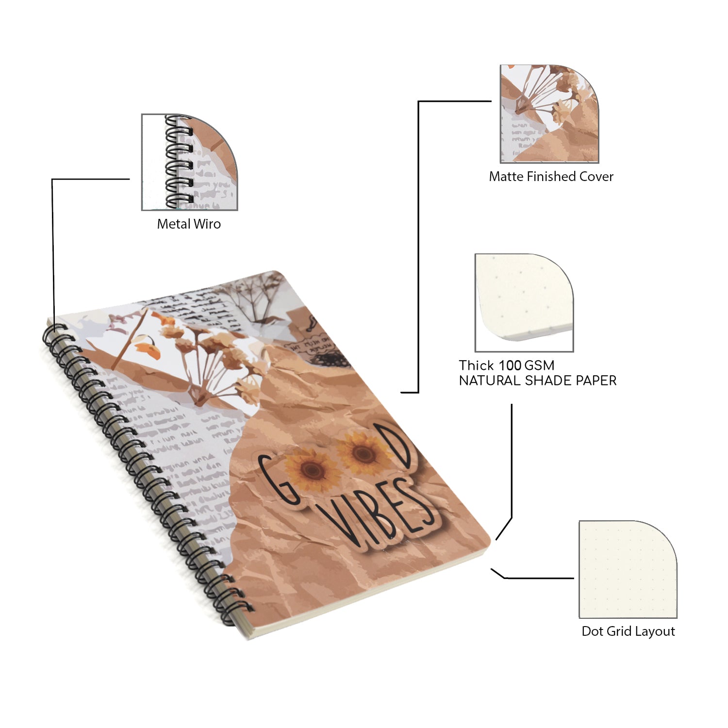 Good Vibes Dotted A5 Wiro Journal - Journals