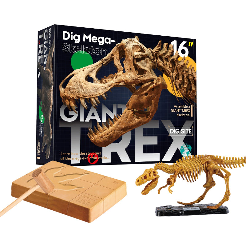 Giant T-Rex Mega-Skeleton Dig Kit featuring a 16-inch assembled skeleton, a "Dig Site" plaster block with a footprint, and a wooden hammer tool.