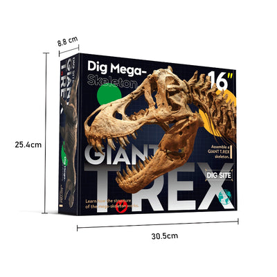 Product box for the Giant T-Rex Dig Mega-Skeleton kit showing dimensions of 30.5 cm in length, 25.4 cm in height, and 8.8 cm in depth.
