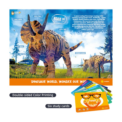 A close-up of a double-sided color instruction manual featuring a detailed Triceratops diagram with anatomical labels and a stack of six educational study cards.