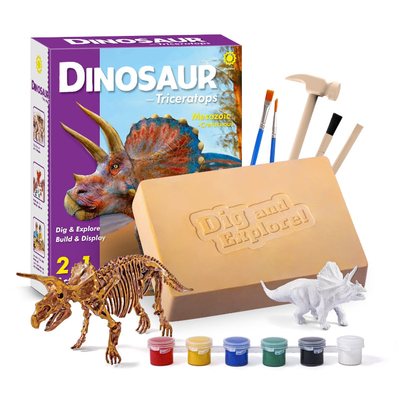 The Triceratops Activity Kit box displayed alongside a finished skeleton model, a white unpainted figure, the "Dig and Explore" plaster block, and painting supplies.