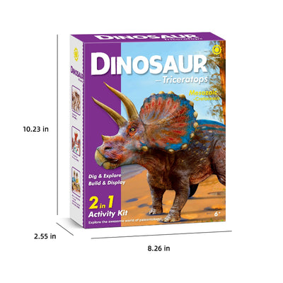 A 3D render of the Dinosaur Triceratops Activity Kit packaging showing dimensions of 10.23 inches in height, 8.26 inches in width, and 2.55 inches in depth.