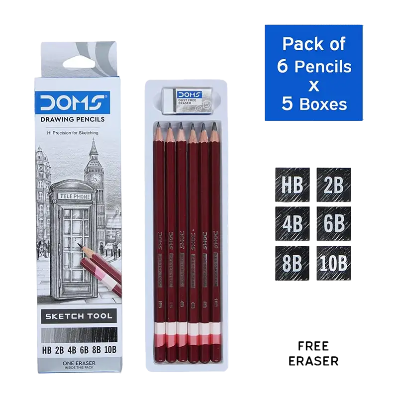 DOMS Premium Drawing Pencils (HB/2B/4B/6B/8B/10B)| 6 Pack
