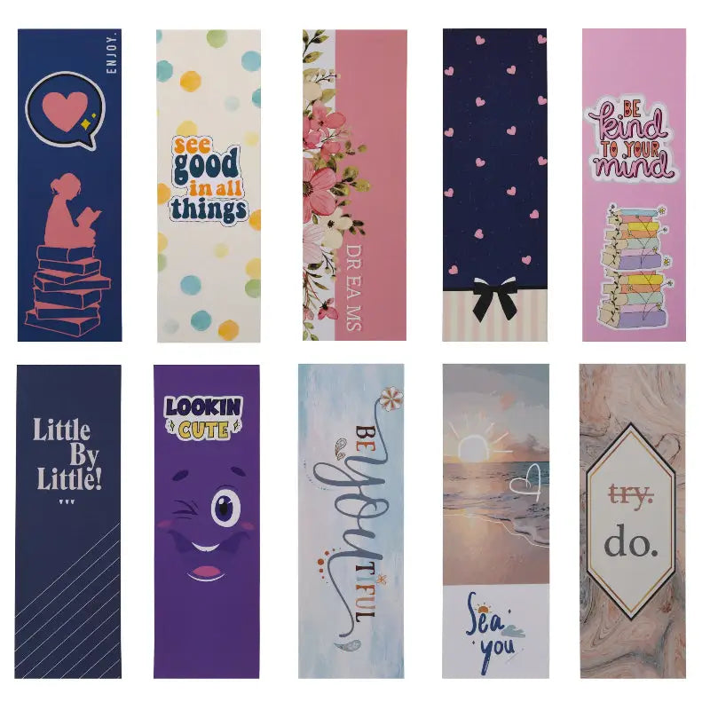 A collection of colorful paper bookmarks with various designs, including text, animals, and abstract patterns.