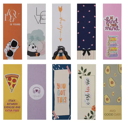 A collection of colorful paper bookmarks with various designs, including text, animals, and abstract patterns.