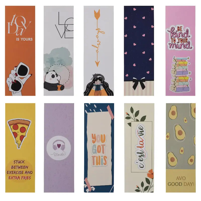 A collection of colorful paper bookmarks with various designs, including text, animals, and abstract patterns.